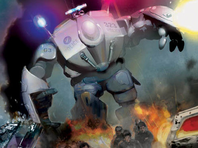 This MORAV Graphic novel cover art we designed depicts the MORAV Gen 3 Giant Police Robot responding to city riots. 